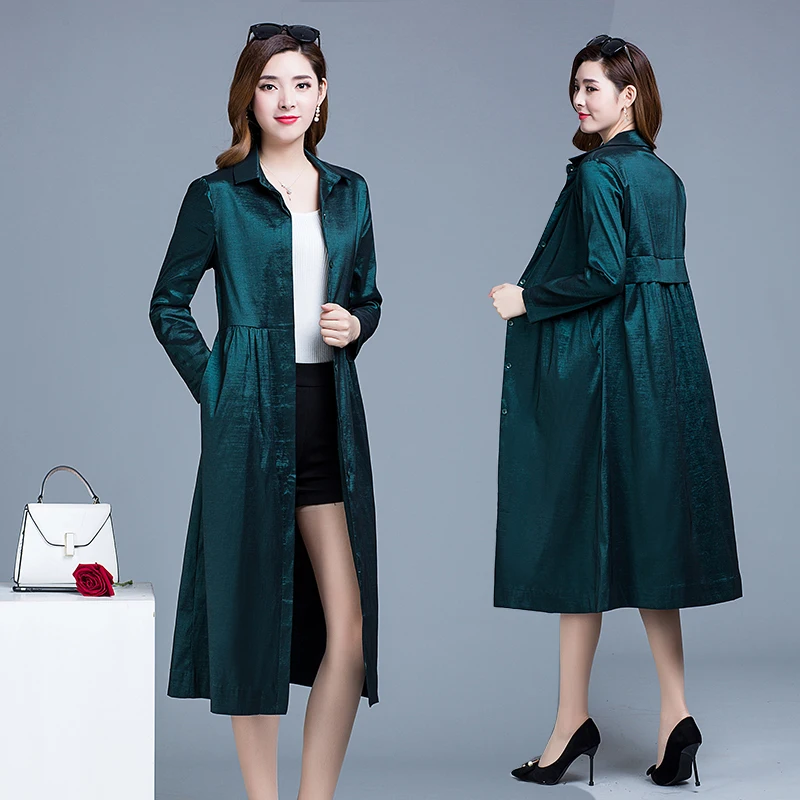 

Authentic windbreaker women's middle long Korean 2019 new loose temperament chameleon knee length windbreaker coat trend