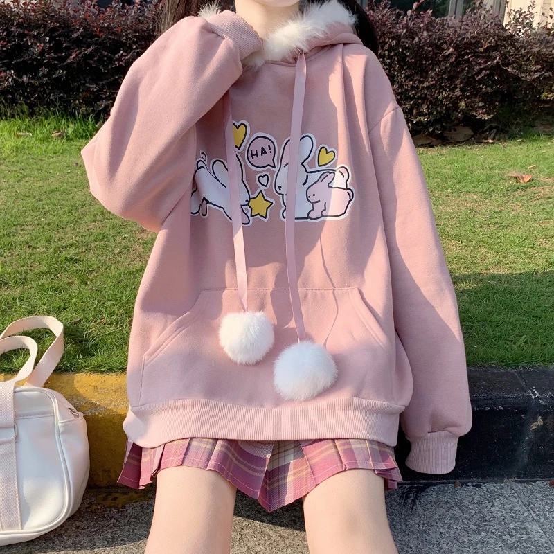 

Cute Rabbit Ears Hooded Fur Collar Loose Sweatshirt Women Autumn Winter Warm Cartoon Anime Pocket Pink Hoodie Sweatshirt Girls