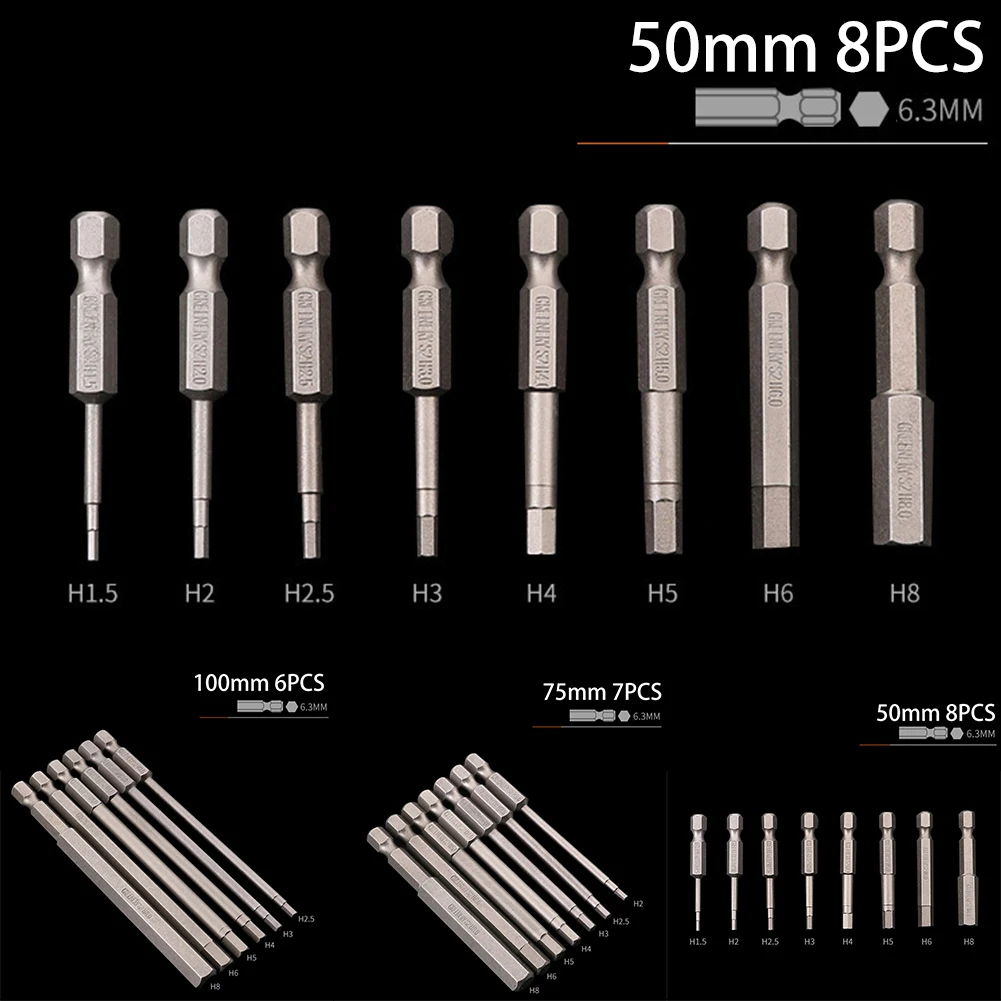 

50/75/100mm 1/4" Hex Magnetic Head Screwdriver Drill Bit Set S2 Steel Hexagon Head Screwdriver Bits H1.5-H8