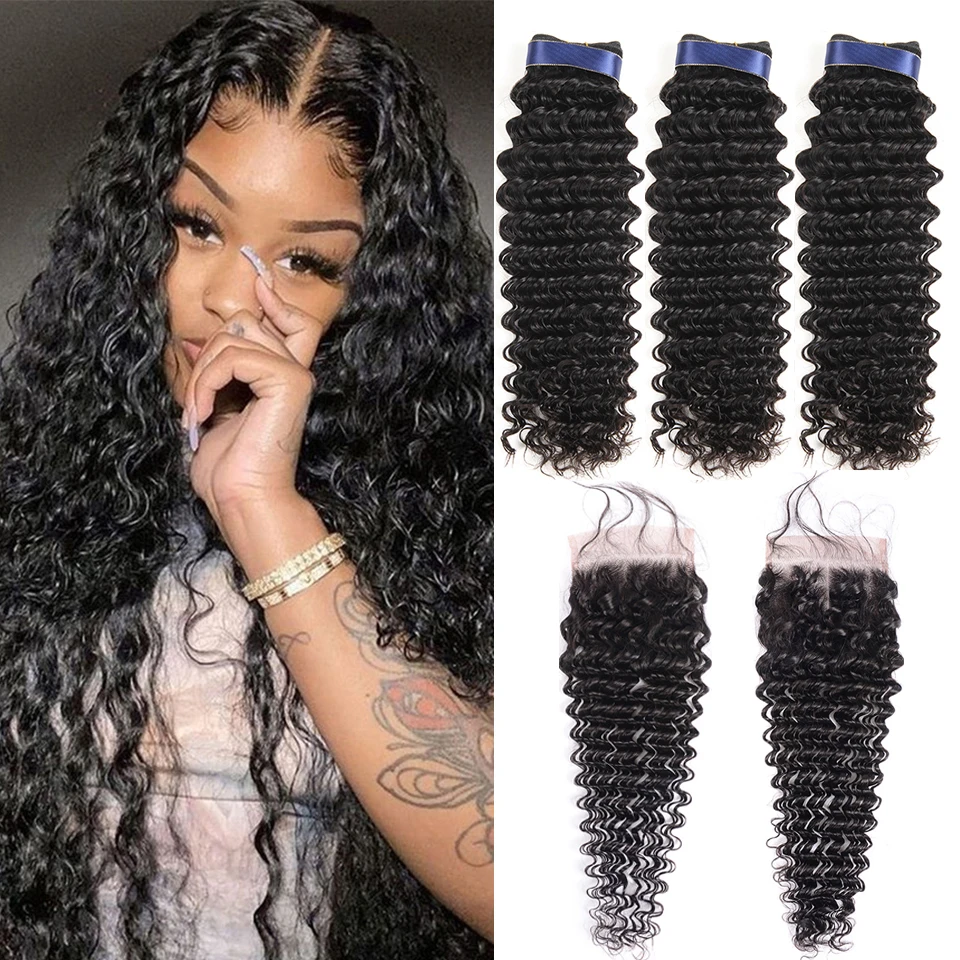 

Brazilian Deep Wave Human Hair Bundles With Closure Non Remy Human Hair Weave 3 Bundles With Closure Deep Wave Hair Extension