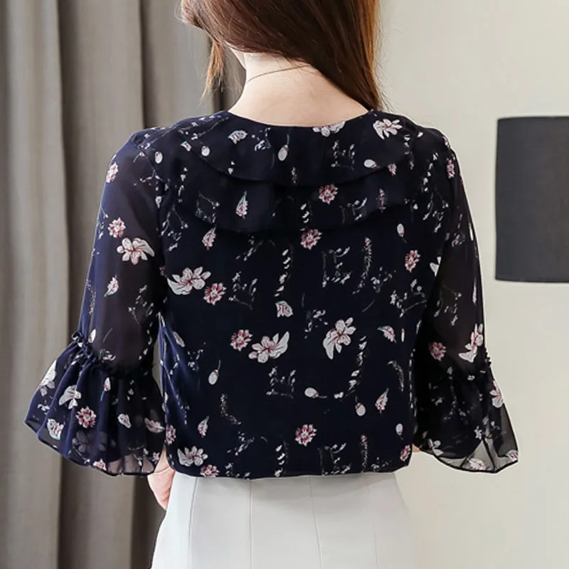 

Fashion womens tops and blouses 2021 ladies tops chiffon blouse floral print Ruffles short sleeve short blusas plus size 4565 50