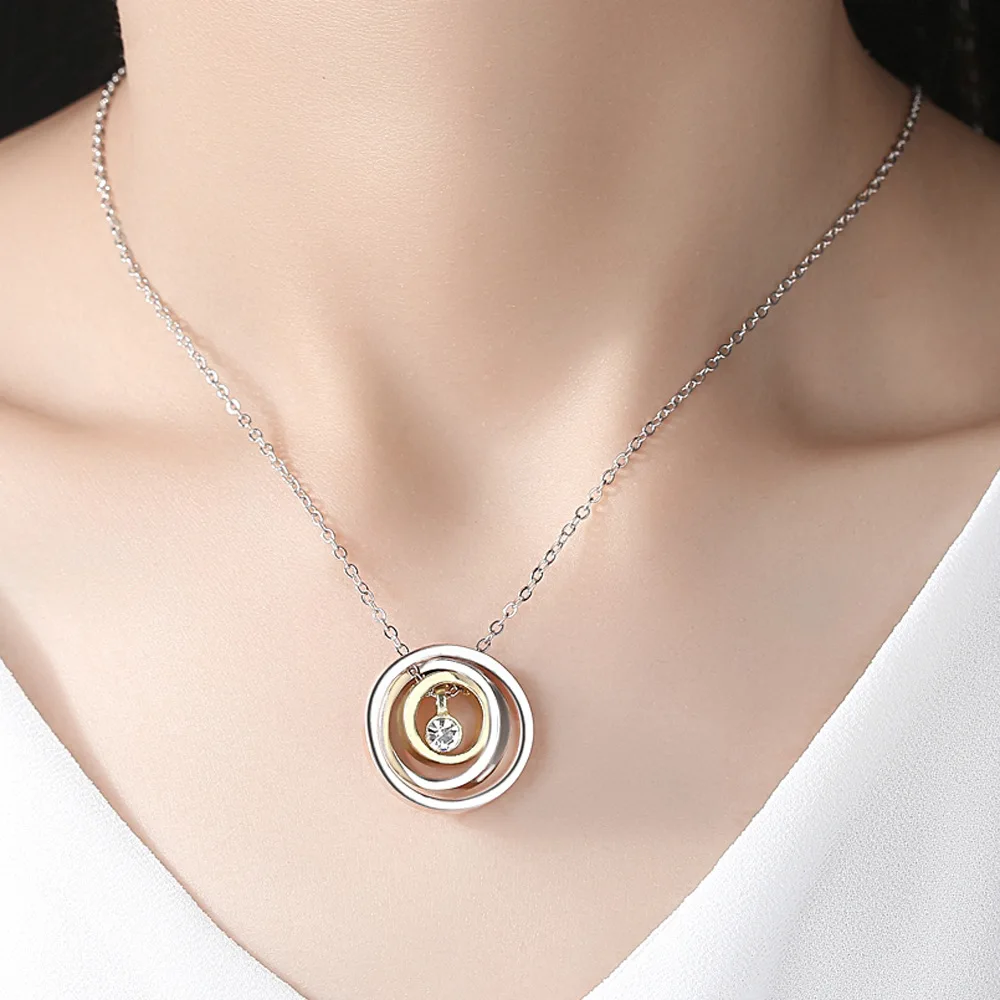 

UXN400 925 Sterling Silver Ring Necklace, three ring buckle, collarbone chain, lady's Pendant