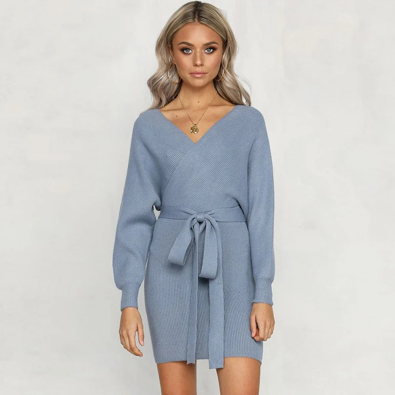 Новое Женское осенне-зимнее платье сплошной цвет вязания женское сексуальное