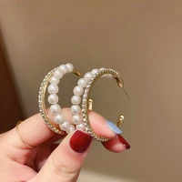 rhinestone double circle pearl hoop earrings gold color for women engagement wedding graceful accessories fashion earrings