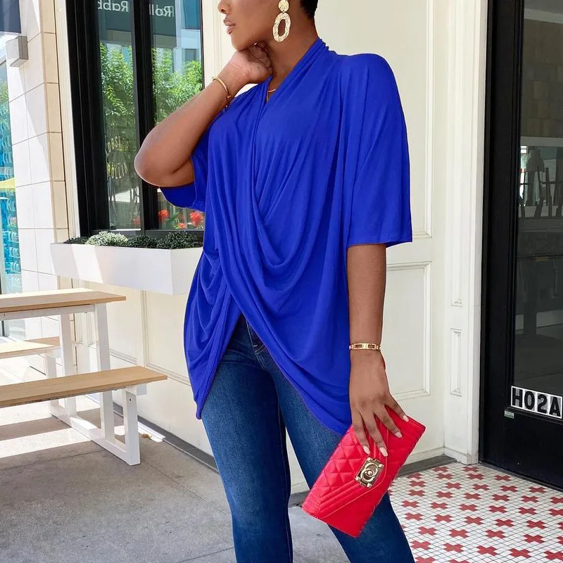 

New Fashion Women Summer Tee Top Solid Color Short Sleeve V Neck Cross Front Loose T-Shirts