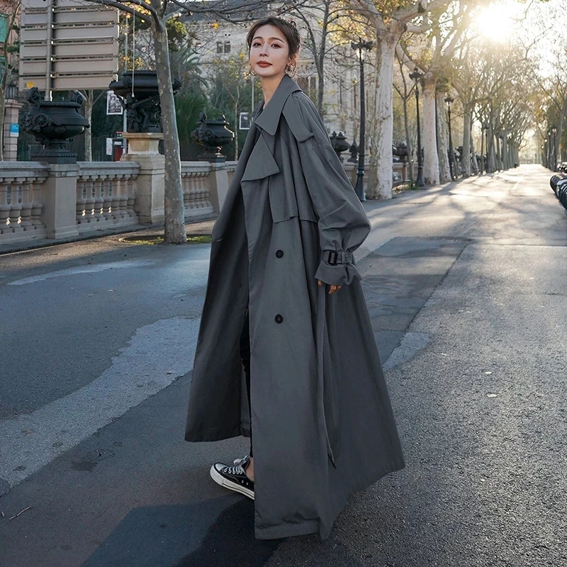 

Korean Women's Trench Coat Loose Oversized Long Jacket 2022 Double-Breasted Belted Lady Cloak Grey Windbreaker Spring Fall Outer