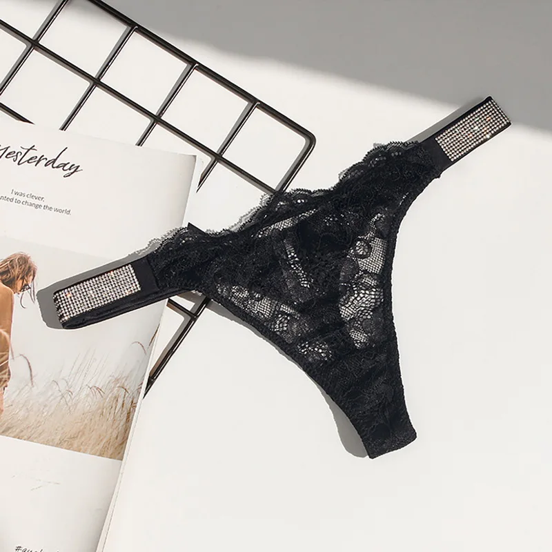 

Sexy Women Underwear Rhinestone Letter Thongs Lace Transparent T Back for Female Low Rise Soft Ladies Panties Black Lingerie
