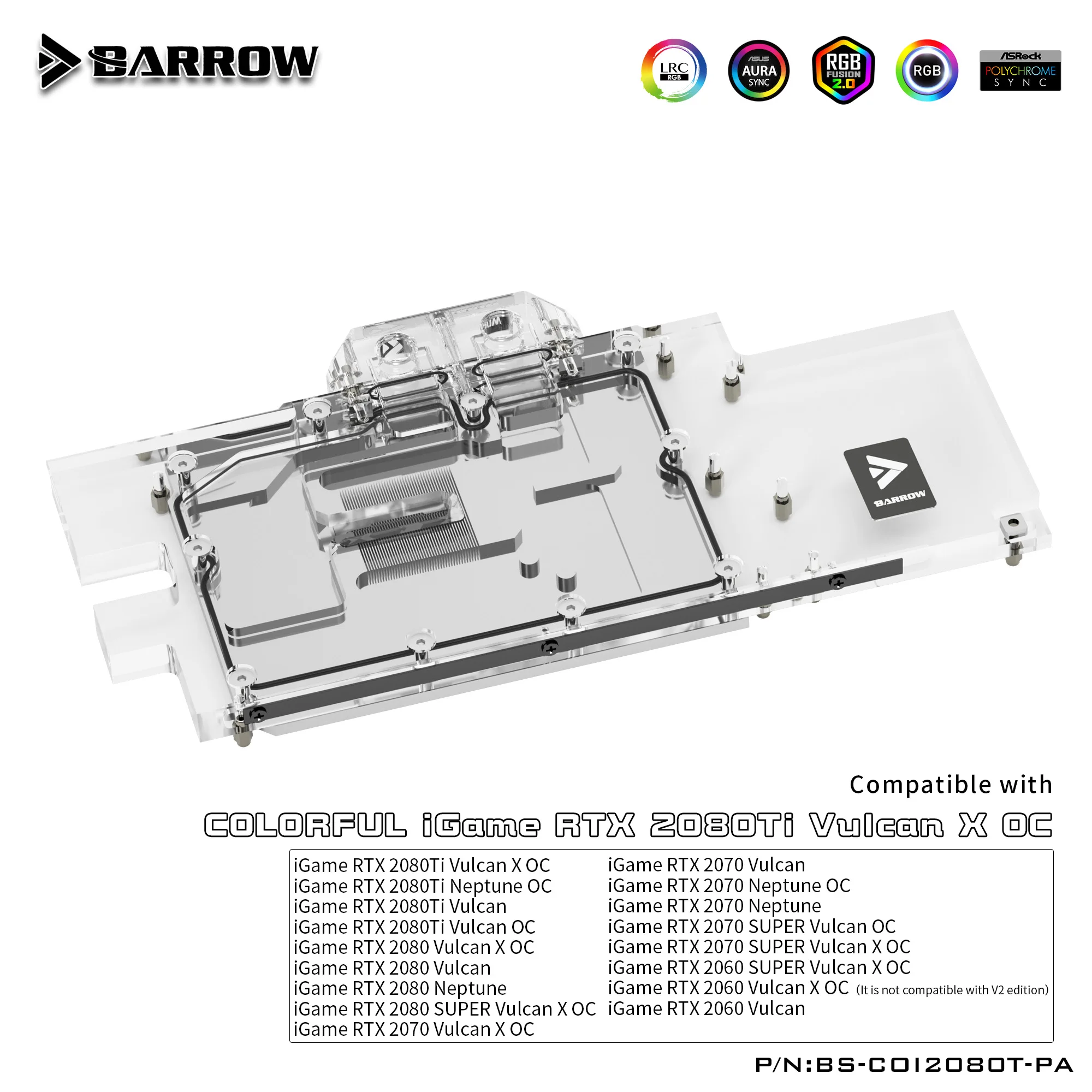 Водяной блок BARROW для красочных игр RTX2080 Ti Vulcan X OC / RTX2070 Нептун/RTX2060 штыревой разъем