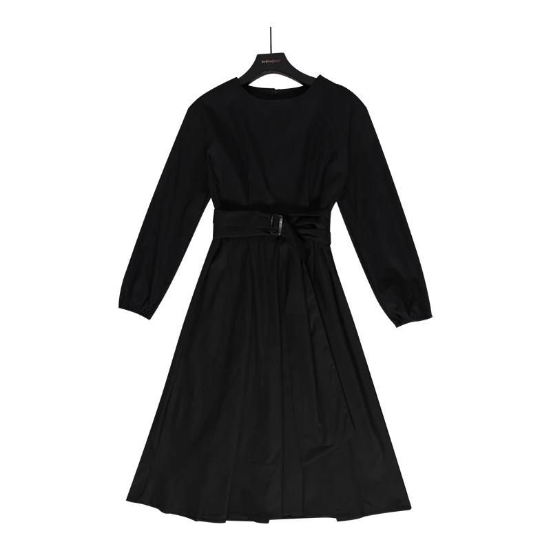 TWOTWINSTYLE черное платье для женщин с круглым вырезом Фонарь с длинным рукавом с высокой талией Свободные корейские платья женские осенние модные OL новые