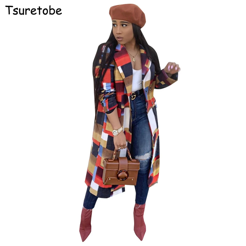 

Женское длинное шерстяное пальто в клетку Tsuretobe, свободный Тренч с карманами, верхняя одежда с длинными рукавами и пуговицами, Осень-зима