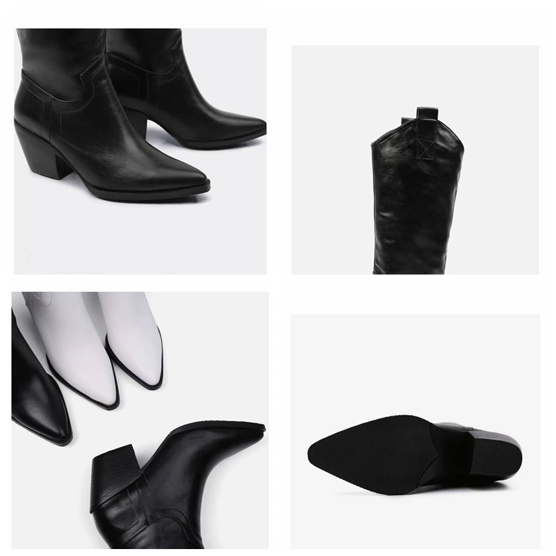 

REAVE CAT Faux leather handsome Mid-calf boots pull on pleated runway womenPointed Toe Square Thick Heels size 33-45 Autumn