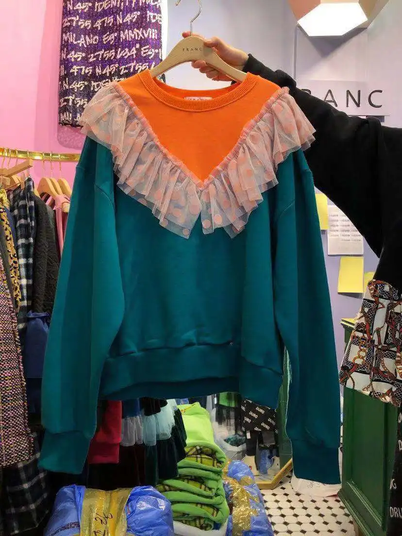 

Fashion spring and autumn new Korean loose mesh ruffle stitching pullover sweatshirts