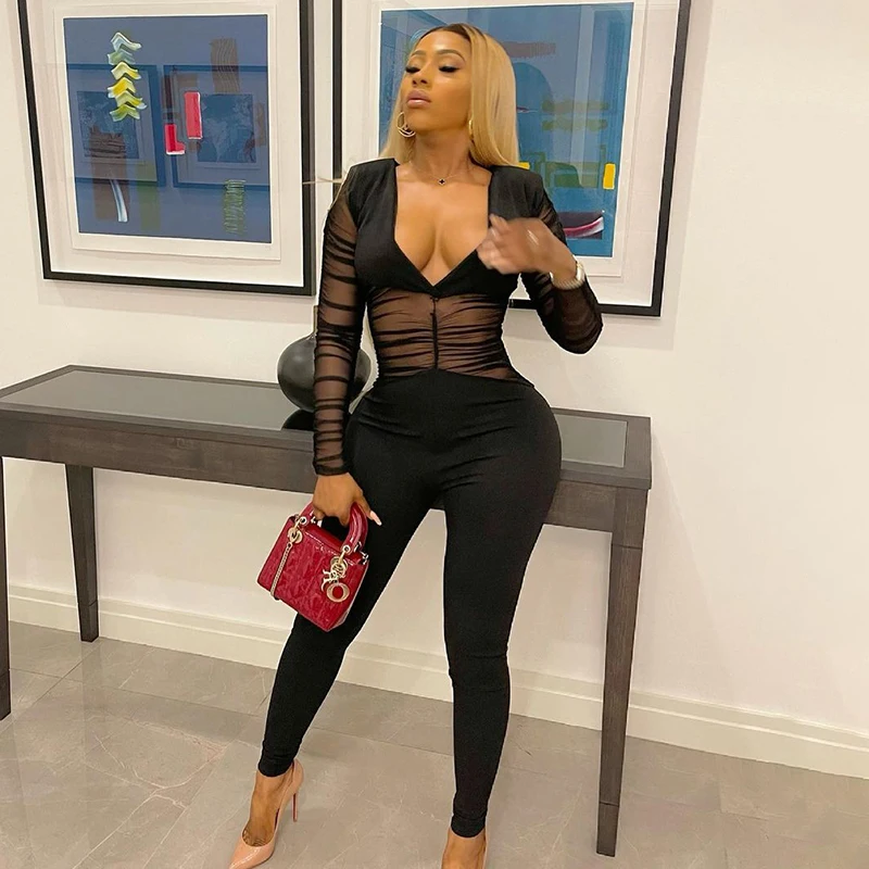 

Fall Streetwear Jumpsuit Women 2021 Long Sleeve Mesh V Neck Jumpsuits Black 1 Piece Outfit Fashion Bodycon Jumpsuits