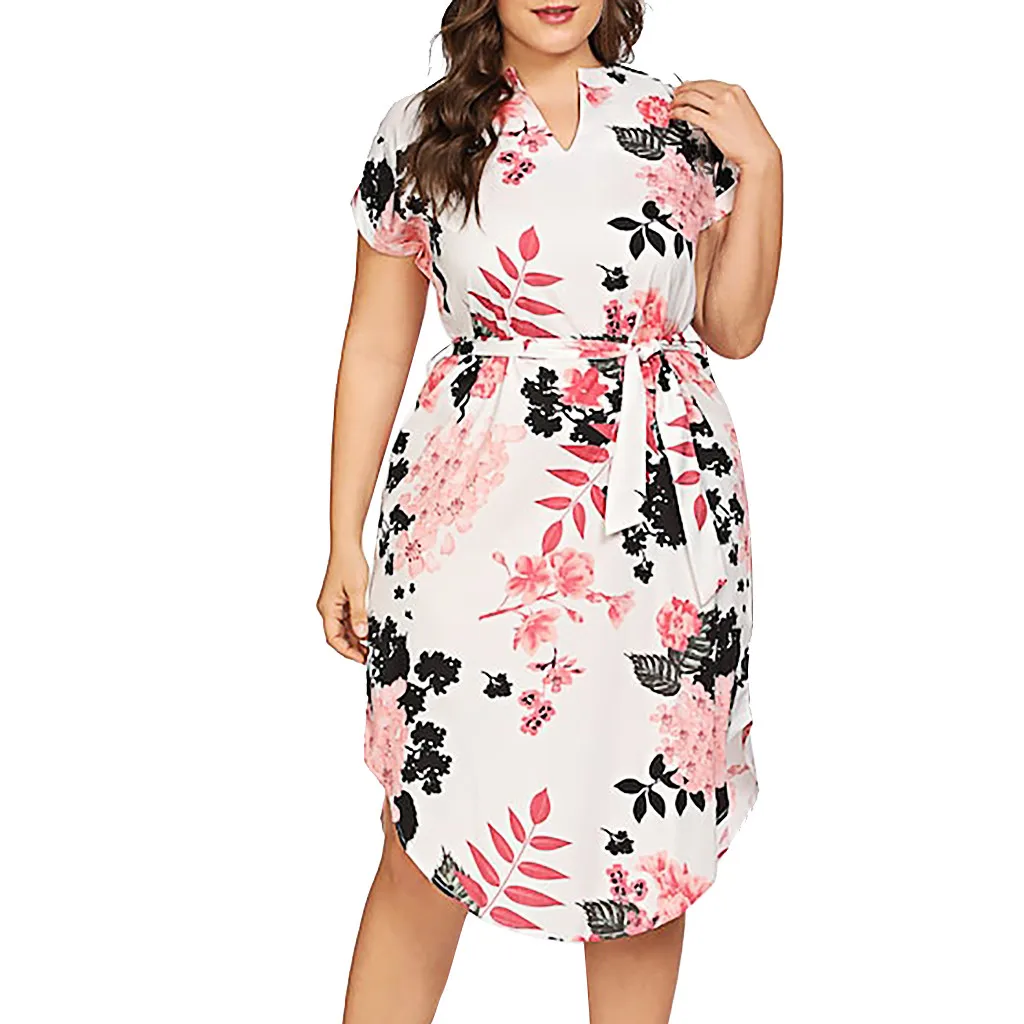 Женское платье с v образным вырезом и коротким рукавом летнее цветочным принтом