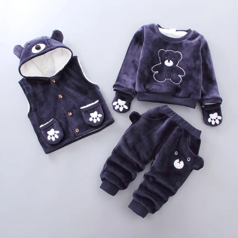 navy blue Рождественский зимний теплый жилет с рисунком для маленьких мальчиков и девочек, пальто+ толстовка+ штаны, комплект из 3 предметов, детский спортивный костюм одежда с Микки - Цвет: navy blue