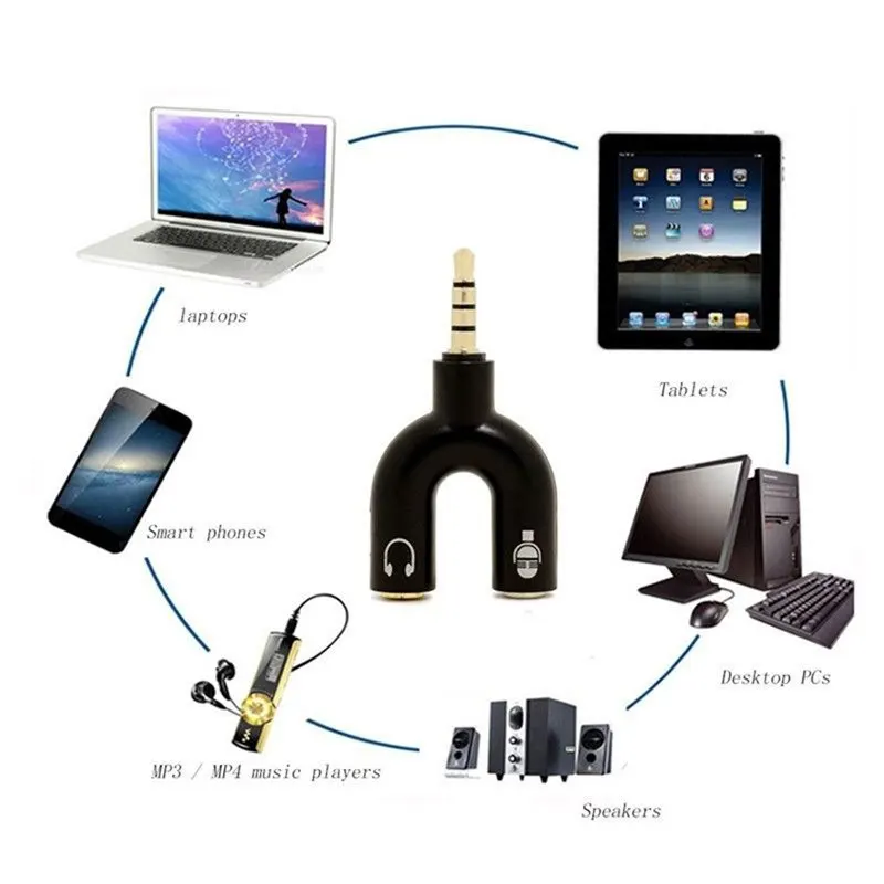 

U-shape 3.5mm Earphone Adapter Double Jack Adapter Plug Stereo Headphone Splitter For PC/MP3 Smartphone Player Audio Cables