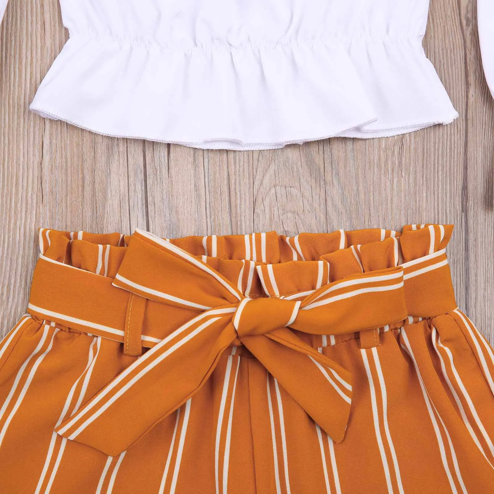 

Pudcoco 2Pcs 2-7Y Summer Fashion Toddler Baby Girls Clothes Sets Lace Sleeve T-Shirts Tops+Stripe Print Bowknot Shorts Outfit