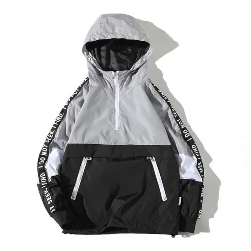 

HOT Hooded Jackets Men 2018 New Patchwork Color Block Pullover Jacket Fashion Tracksuit Casual Coat Men Hip Hop Streetwear