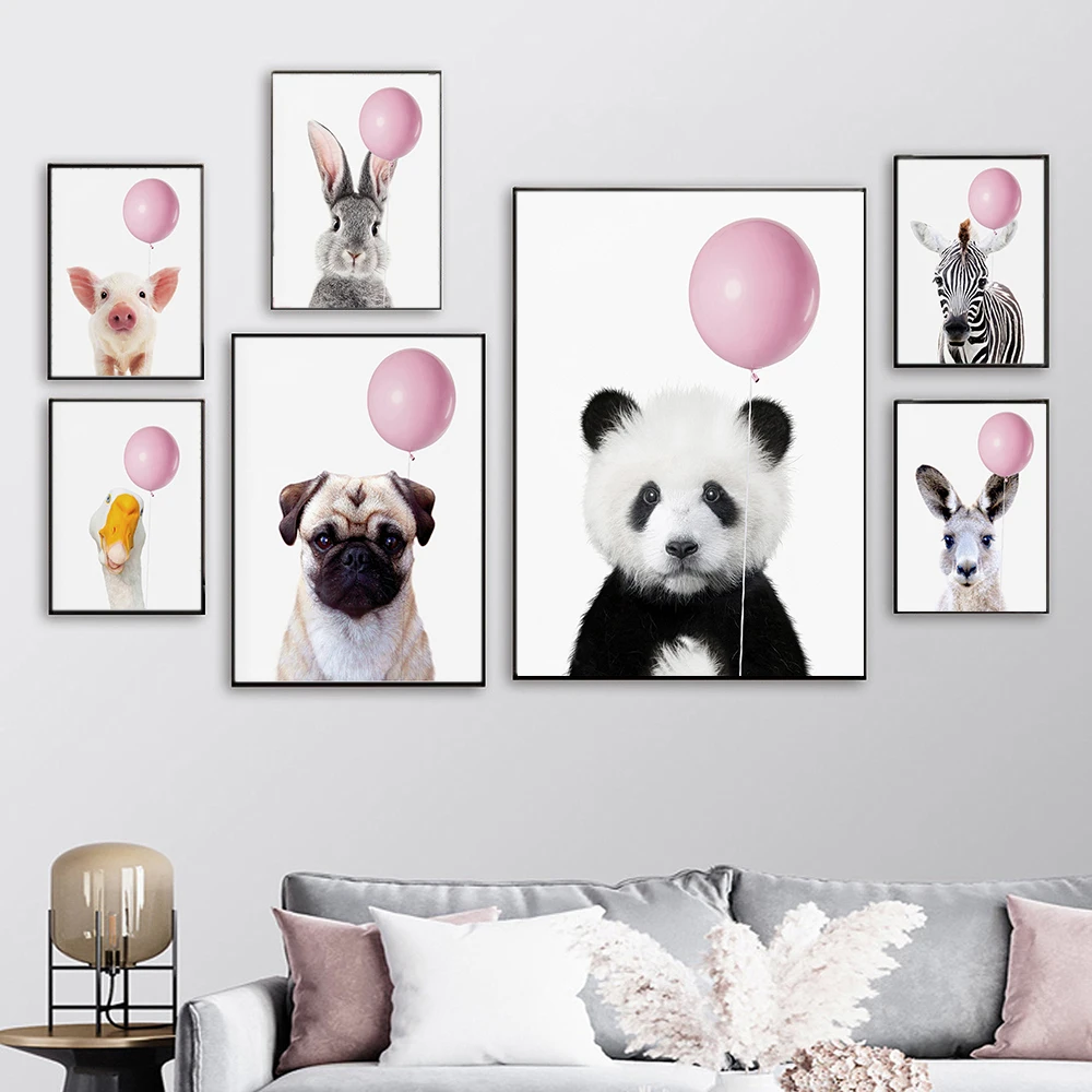 

Pink Balloon Kangaroo Panda Zebra Pig Puppy Poster Print Animal Nursery Wall Art Canvas Picture Nordic Kids Baby Room Decoration