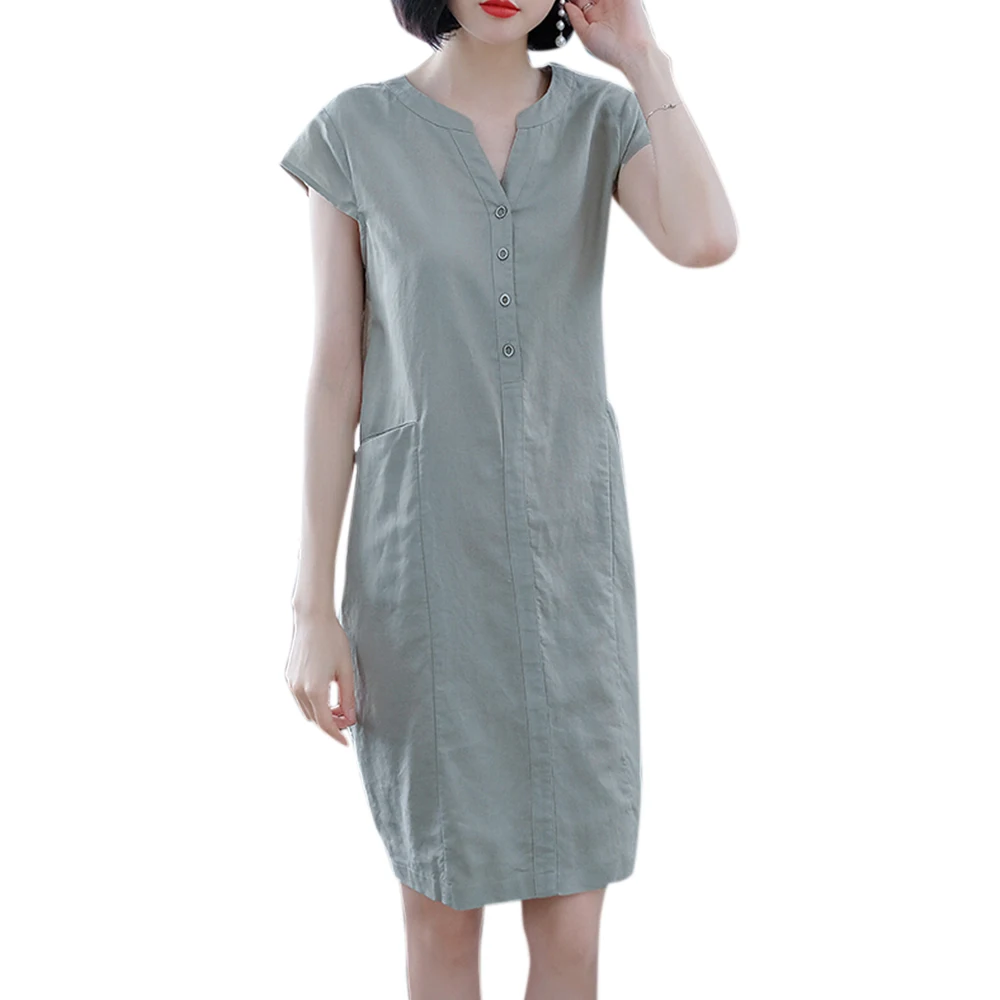 

VICABO Summer V-Neck Women Dress Plus Size Short Sleeve Single Breasted Sundress Knee-Length Solid Loose Casual Straight Dresses