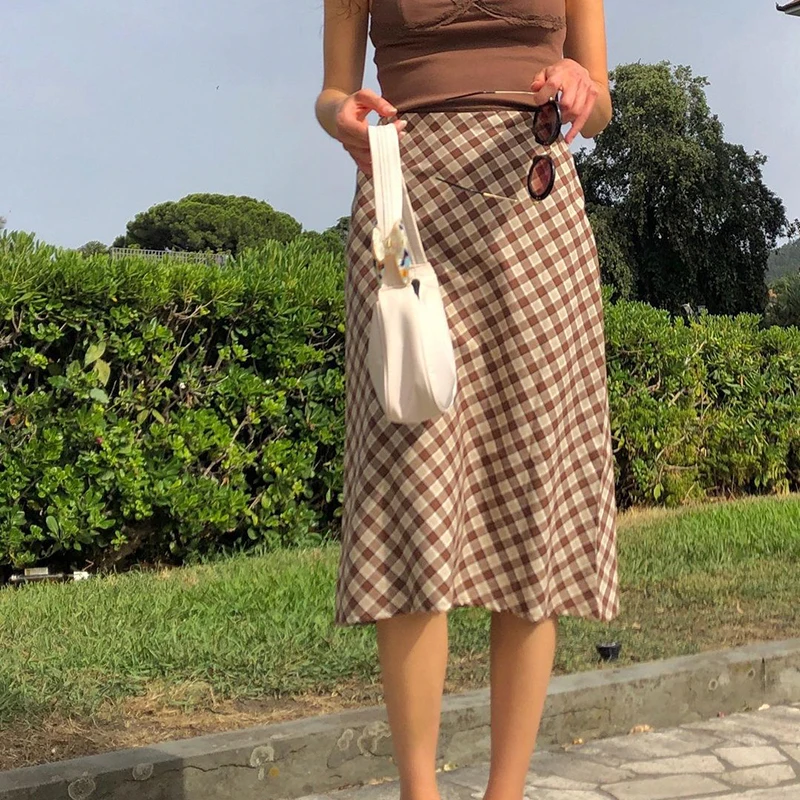 

Y2K Aesthetic Fairy Grunge High Waist Straight Skirt Elegant Lady Vintage Plaid Midi Skirts Women Fashion Holiday Party Bottom
