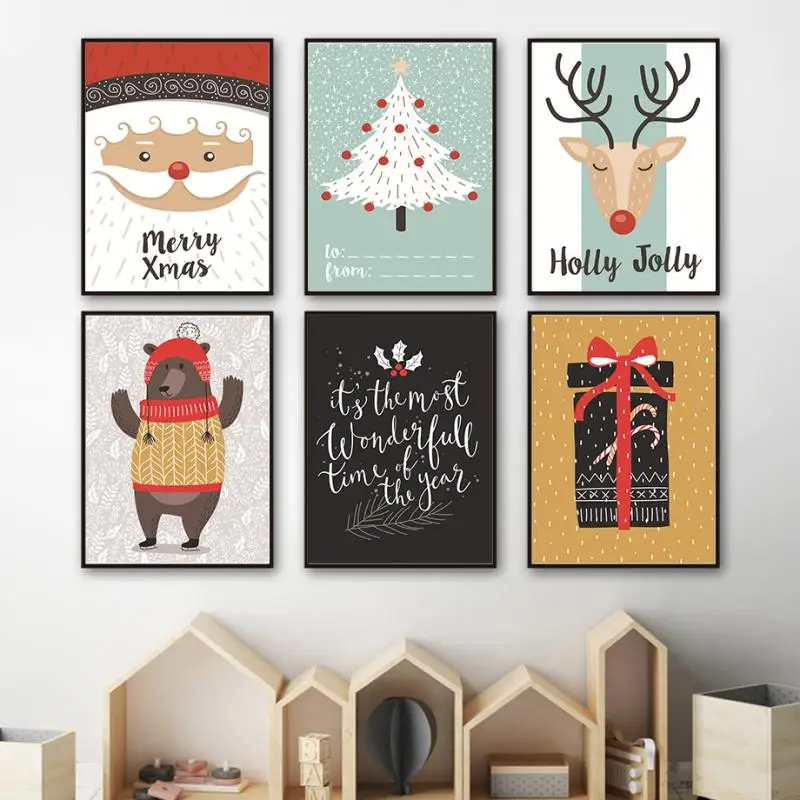 

Cute Santa Claus Christmas Tree Elk Bear Wall Painting Christmas Theme Gift Frameless Canvas Printing Home Decoration Poster