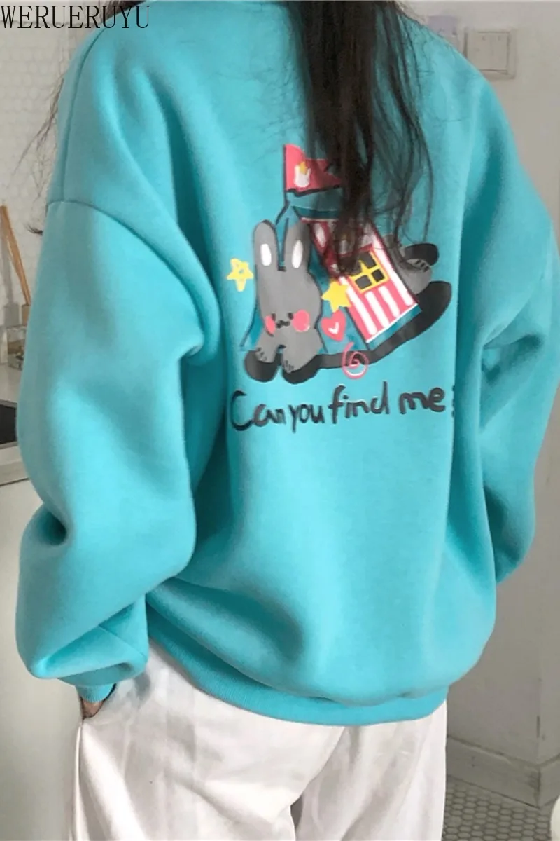 

WERUERUYU Autumn Creative Cartoon Printing Long-Sleeved Loose Women Japanese Students Round Neck Sweatshirt