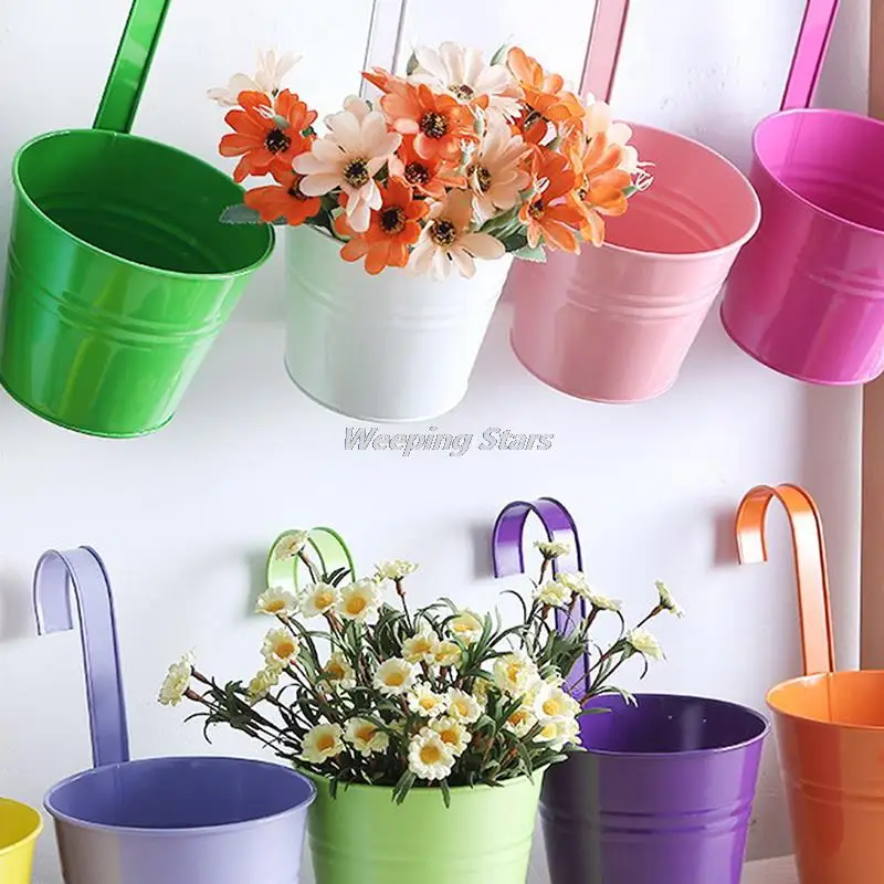 

Metal Iron Flower Pot Vase Detachable Handle Hanging Balcony Garden Planter