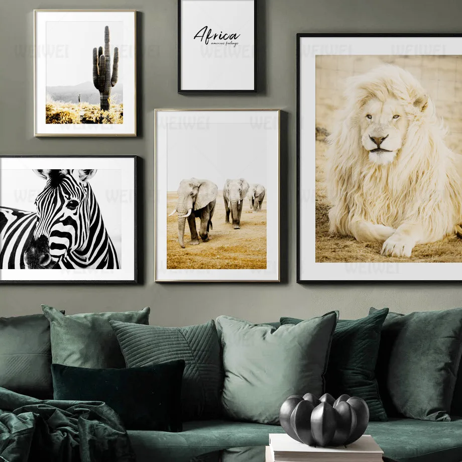 

Wall Art Africa Elephant Giraffe Zebra Lion Nordic Posters and Prints Canvas Painting Wall Pictures for Living Room Decor Cactus