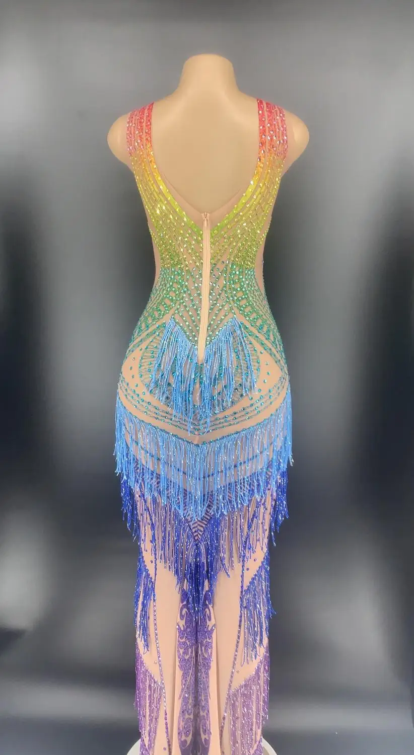 Rhinestones Tassel Mesh Dress Women Evening Party See Through Crystal Birthday Celebration Sexy Long Stage Outfits | Женская одежда