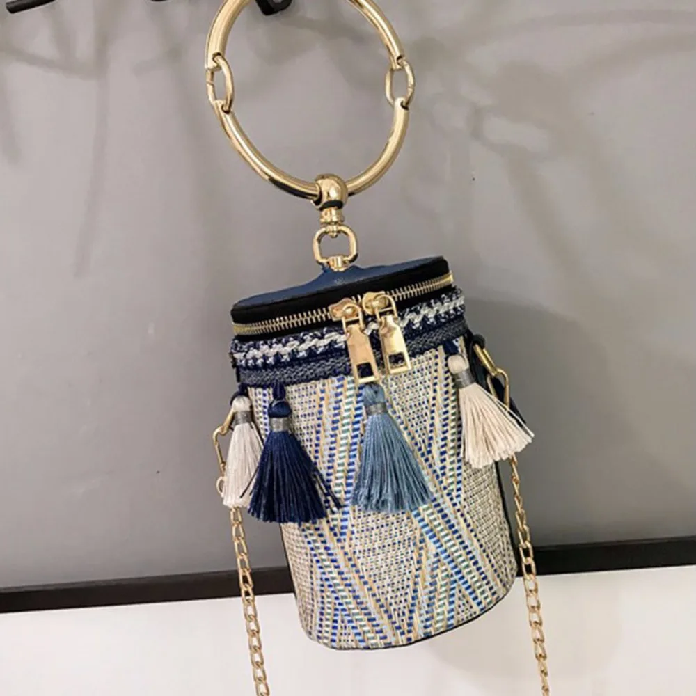 

Women Bags Luxury Handbags women bags designer Straw Bags Round Tote Hand Metal Ring Tassel Chain Travel Women Shoulder Bag