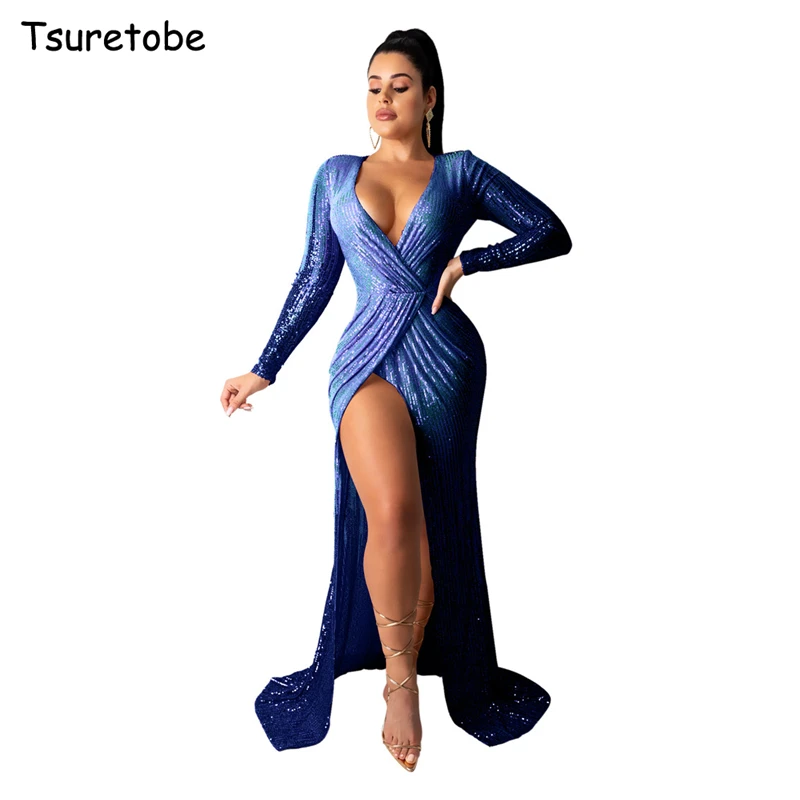 Сексуальное платье макси Tsuretobe с блестками женское элегантное вечернее высоким