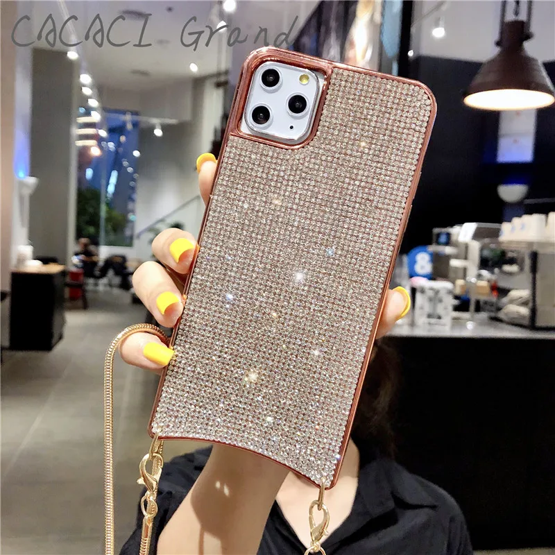 Роскошный чехол с блестящими бриллиантами для apple iphone xs 11 pro max XR X 7 8 6S 6 PLUS, чехол с металлическим ожерельем через плечо