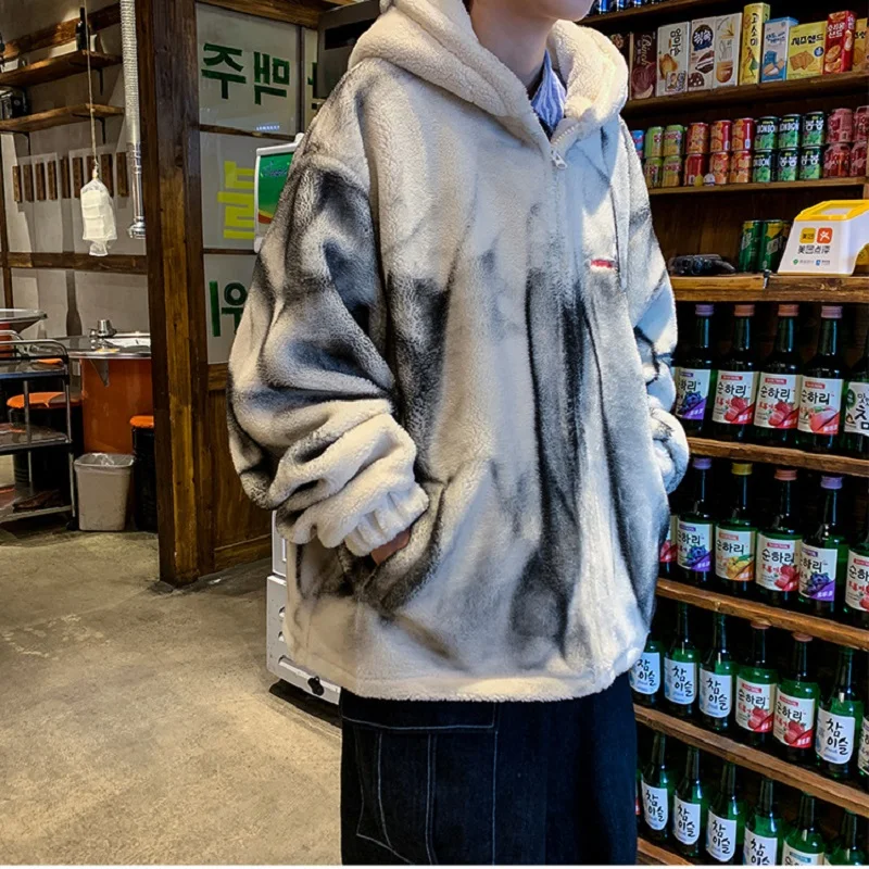 Winter Coat Men's Korean Fashion Loose-fitting Lamb Wool Plus Fleece Hooded Cotton Coat Harajuku Mens Winter Jackets and Coats