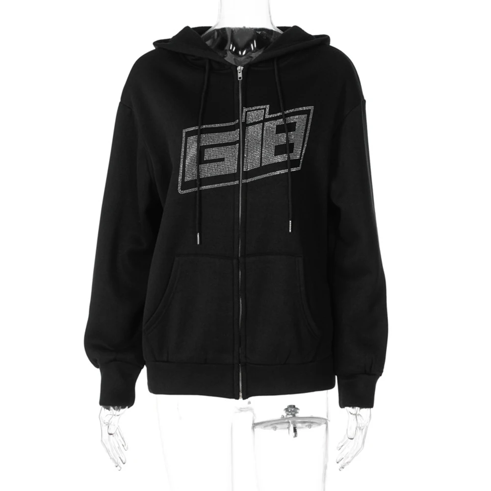

Vintage Solid Letter Hooded Sweatshirts Women Hoodies E-girl Long Sleeve Zipper Hot Drilling Design Autumn Outfits