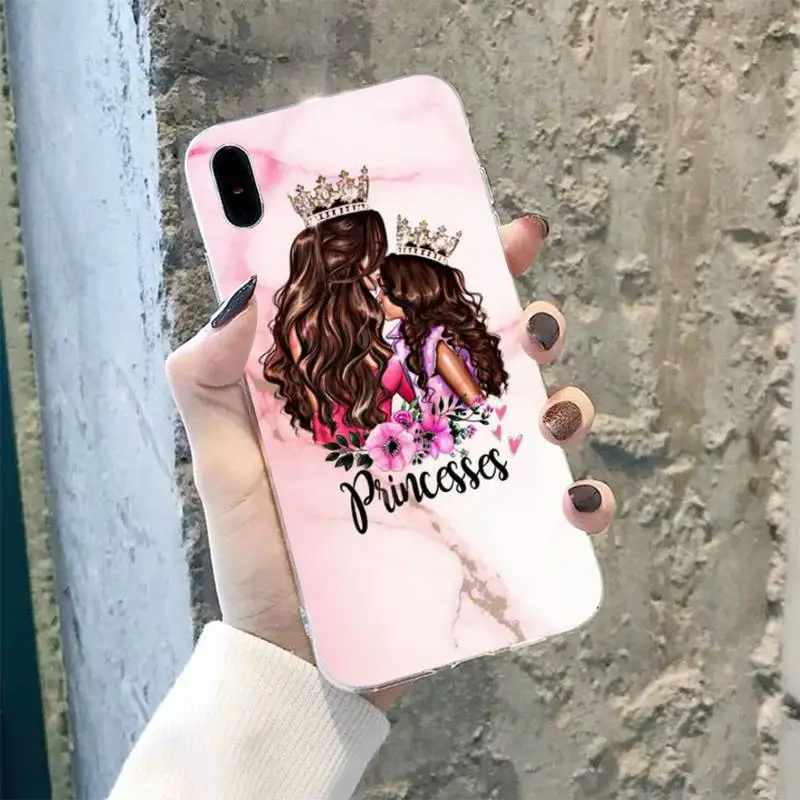 Black Brown Hair Baby Mom daughter Girl Son Dad Phone Case for iphone 13 12 11 pro max 8 7 6 6S Plus X 5S SE 2020 XR XS MAX