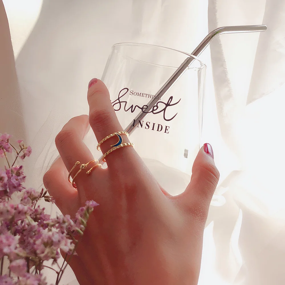 S925 стерлингового серебра Луна Кольцо Простой Личность позолоченные 18К Золотое