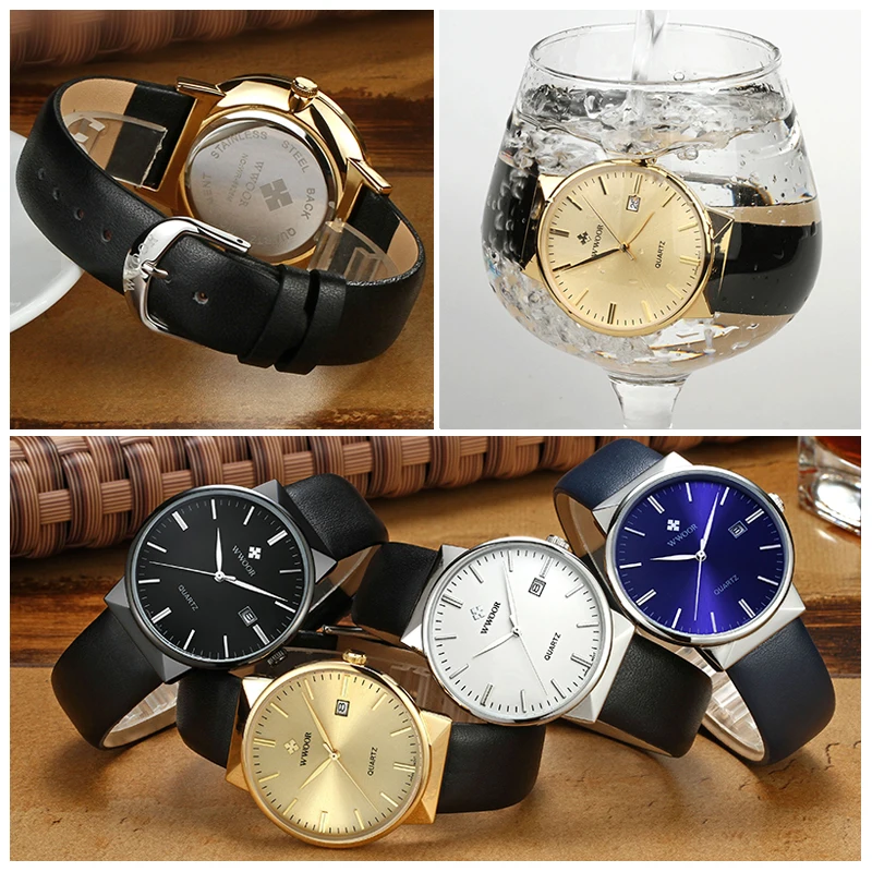 

WWOOR Mens Watches Top Brand Luxury Waterproof Genuine Leather Wrist Watch Men Classic Gold Black Date Quartz Watch saat erkek