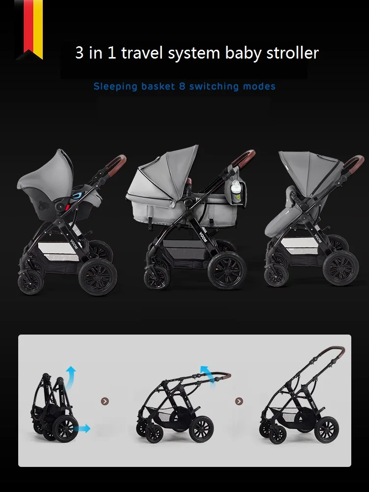 

3 in 1 travel system newborn high-landscape luxury baby stroller with carrycot,kinderwagen 2 in 1, pushchair/pram