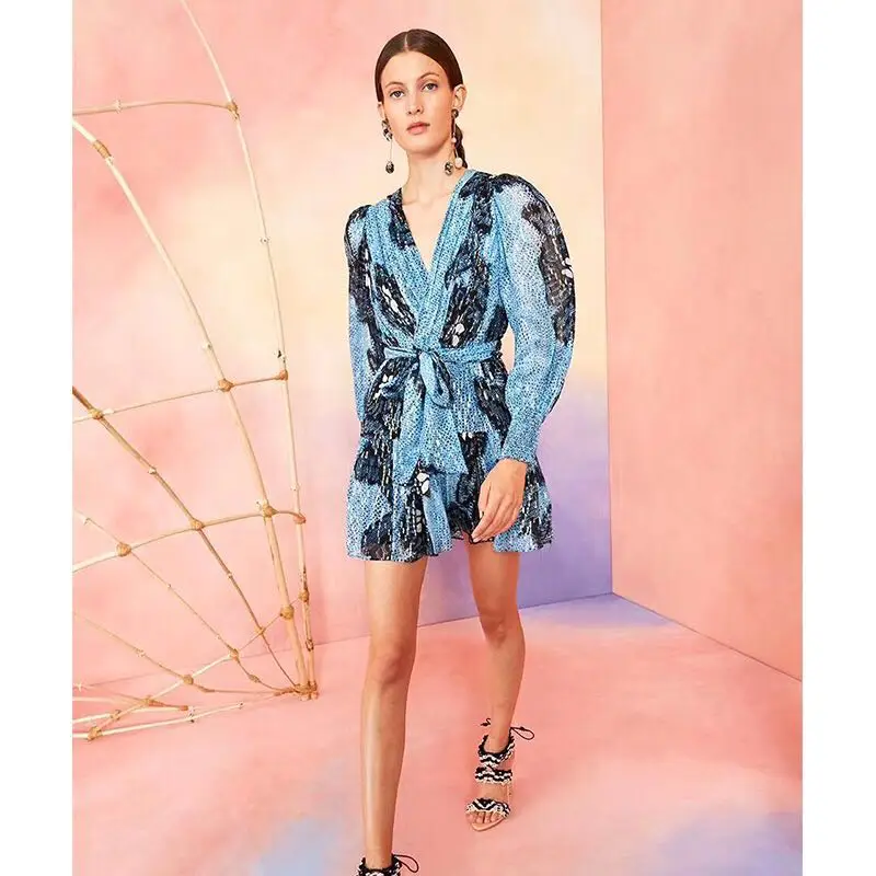 Мини-платье с длинным рукавом V-образным вырезом и поясом | Женская одежда