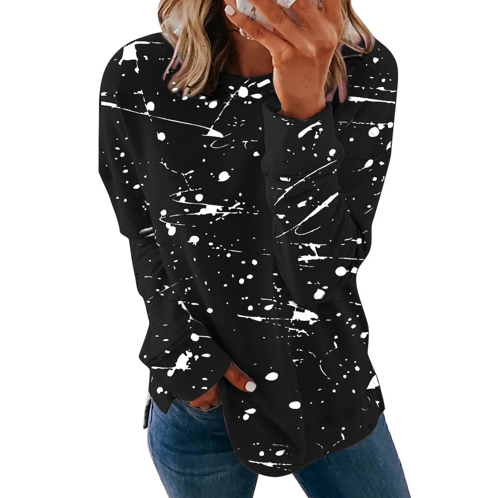 

Creative Pullover Jumper Patchwork Contrast Color Round Neck Long Sleeves Casual Loose Ladies Sweaters Kawaii Hoodies for Women