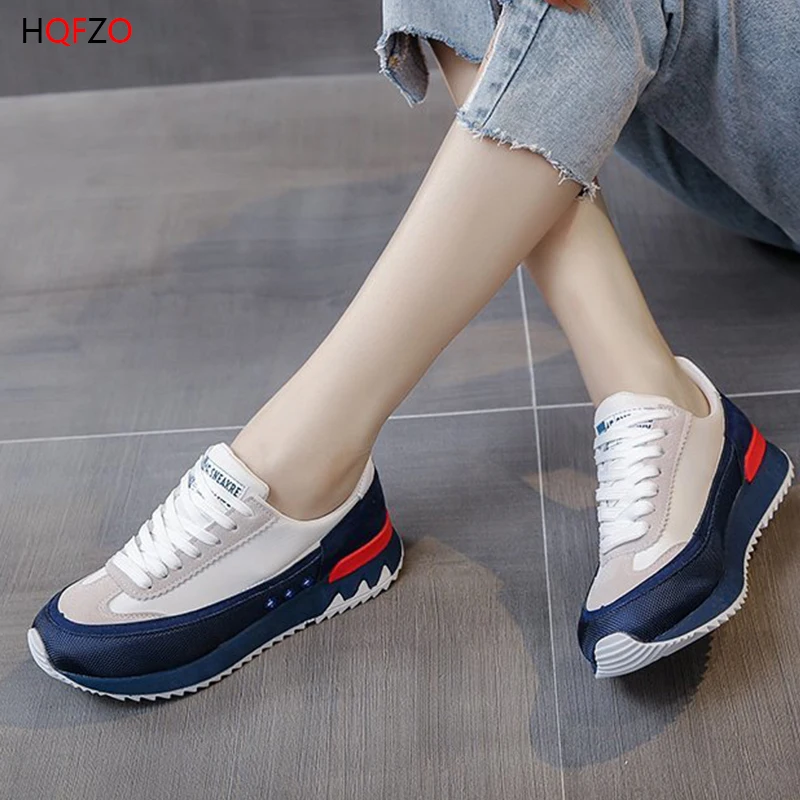 

SYNXDN Women Sneakers Flat High Quality Running Shoes Lace Up Vulcanized Shoes Chunky Thick Bottom Breathable Female Shoes 2021