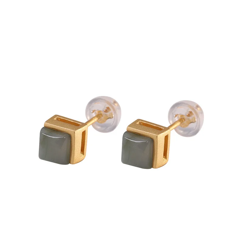 

Simple fashion geometric emerald earrings s925 sterling silver gold plated women's square