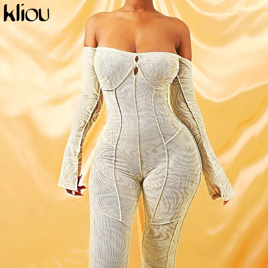 

Kliou Print Mesh Jumpsuit Women Aesthetic Bright Line Decoration Sheath Slim Overall Long Raglan Sleeve Slash Neck Clubwear