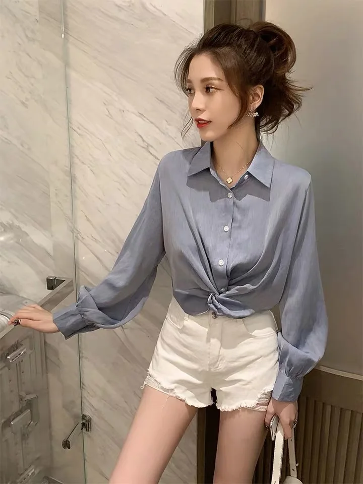 

Houthion Chiffon Loose Women's Blouses New Casual Blouse Fashion Long Sleeve Top Solid Color Buttons Shirt Spring/autumn