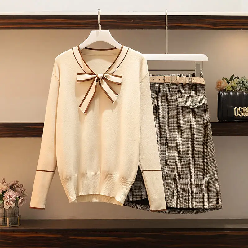 

Chic Large Size Set Women's Clothing Spring Autumn Korean Style Set Knitted Sweater Shirt and Skirt /Pants Two-piece Suit k421