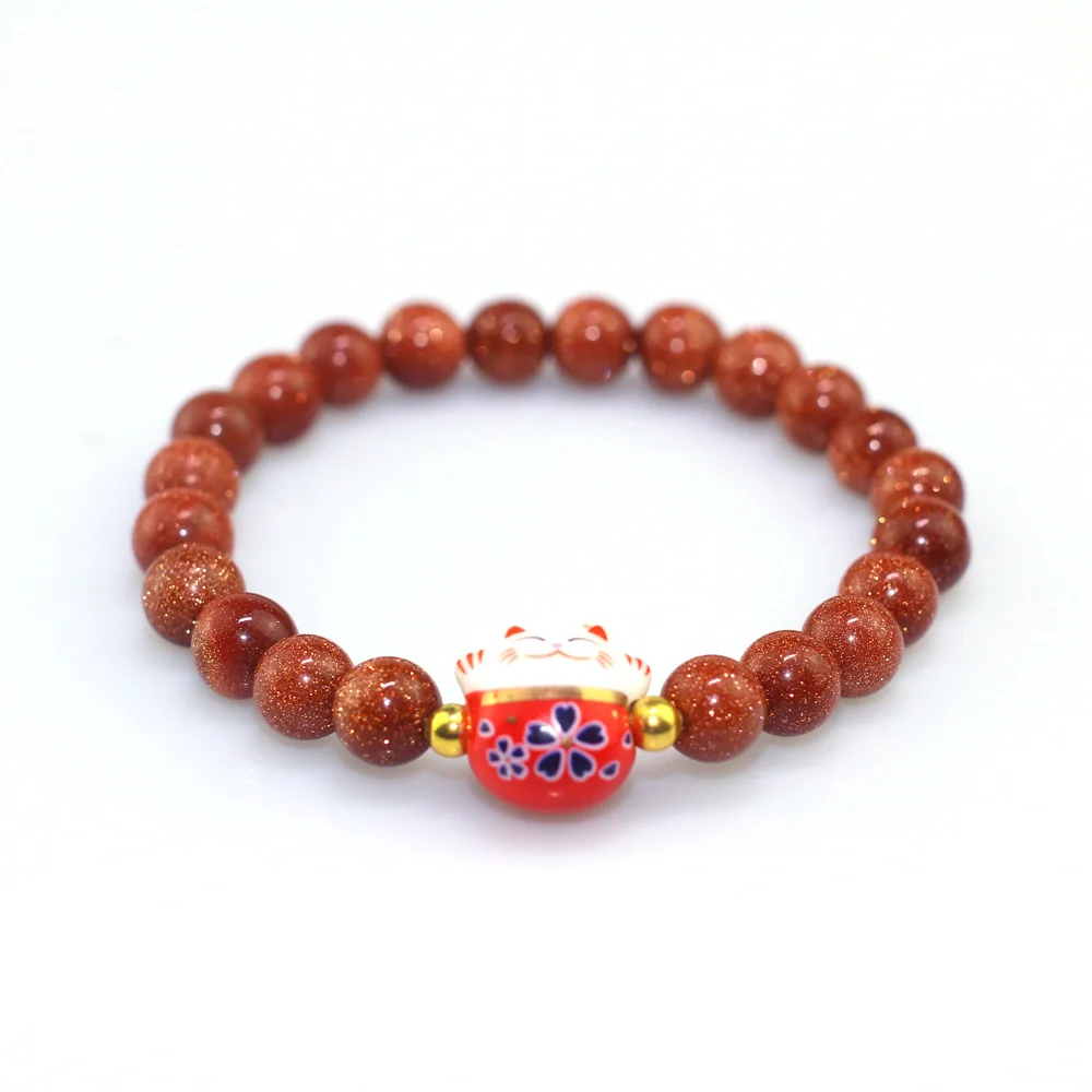 

Women Bracelets Obsidian Stretch Rope Natural Stone Beads Bracelet On Hand Ceramic Lucky Cat Cute Jewelry for Best Friend gift