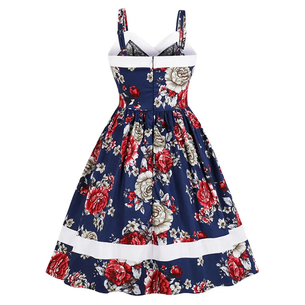 Женское винтажное платье-трапеция с V-образным вырезом и цветочным принтом |