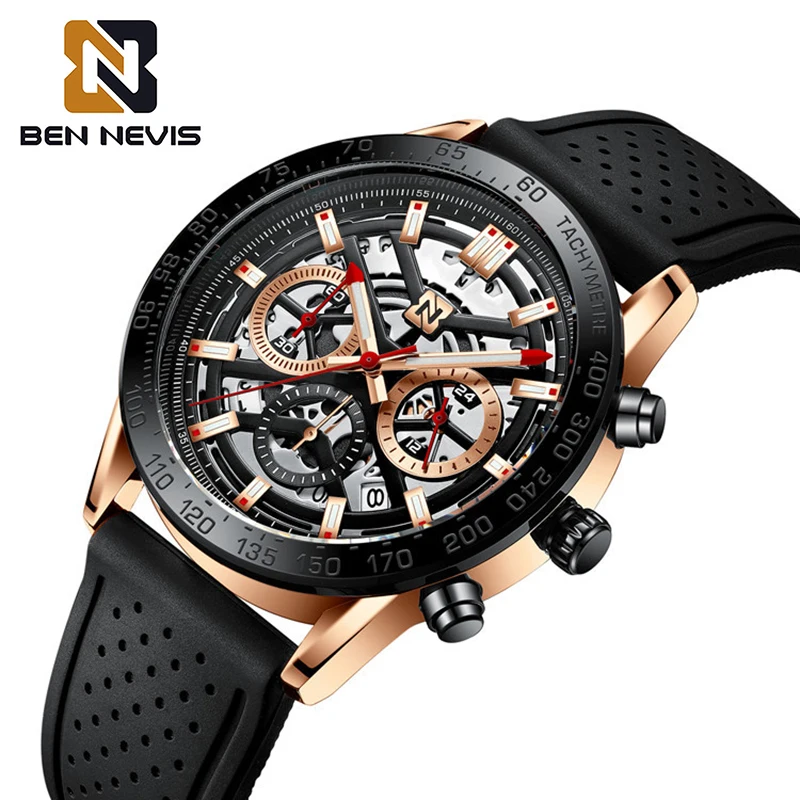 

BEN NEVIS Top Luxury Sport Watches for Men Skeleton Chronograph Quartz Male Military Watch Steel Leather Rubber Brand Clock