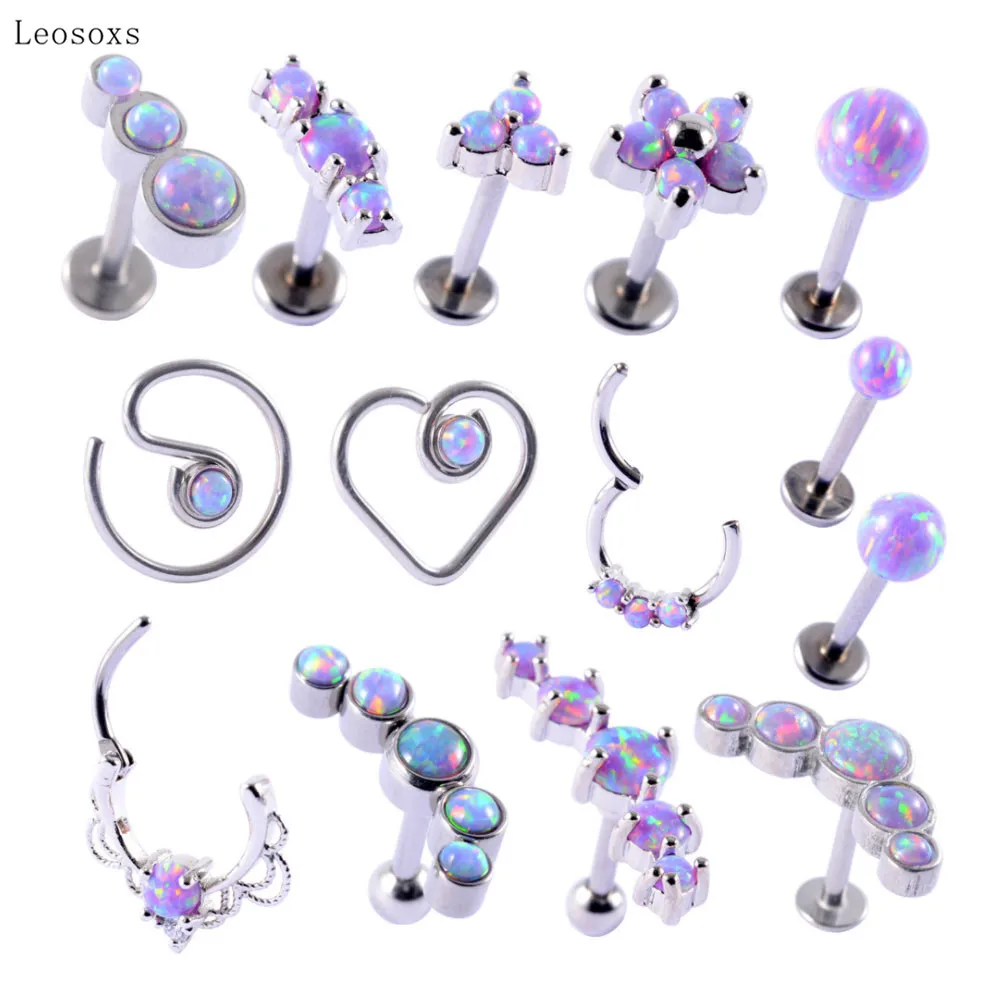 

Leosoxs 4pcs Hot Selling Multifunctional Set Purple Opal T-shaped Nose Ring Ear Bone Studs Lip Stud Earrings Piercing Jewelry